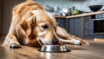 Dog eating food from a bowl in a kitchen