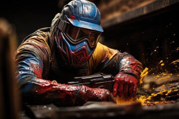 A gritty man covered in paint and donning a helmet and workwear grips a gun, embodying the intensity and determination of an artist at work
