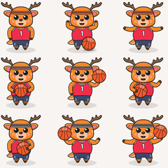 Deer Basketball set. Funny Deer doing Basketball. Cute cartoon character vector set isolated on a white background. Cartoon animal sport. Animal cartoon. 