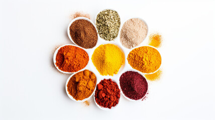 Variety of colorful spices arranged neatly against a white backdrop on a white surface