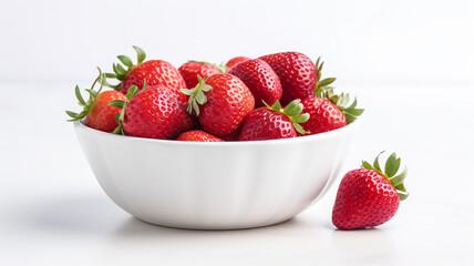 Bowl of fresh strawberries arranged on a white surface
