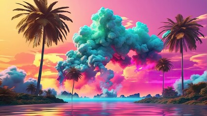 Fantasy landscape with palm trees, sun and smoke. 3d illustration