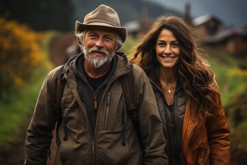 A smiling couple braves the autumn mountains, their rugged outerwear and fashionable accessories a perfect complement to their natural surroundings