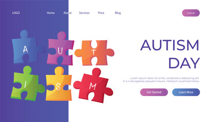 Landing page world autism awareness day with jigsaw puzzle pieces with text. International solidarity, asperger’s day. Health care, mental illness. Social media post for poster, banner, cover, card