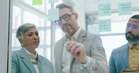 Business people, senior or team writing on glass wall planning a strategy or brainstorming in office together. CEO, teamwork or employees for project goal, tasks or agenda on sticky note for startup - Powered by Adobe
