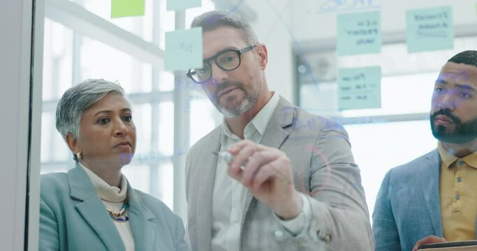 Business people, senior or team writing on glass wall planning a strategy or brainstorming in office together. CEO, teamwork or employees for project goal, tasks or agenda on sticky note for startup