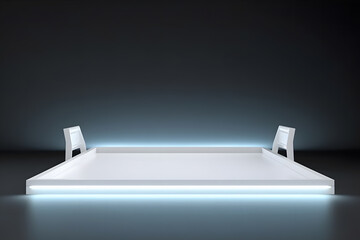 Modern product showcase sci-fi podium with glowing light neon background. Neural network AI generated art - obrazy, fototapety, plakaty