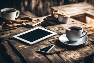 Digital tablet and cup of coffee on old wooden desk.