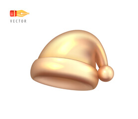 Fototapeta premium Santa Claus Christmas Gold Hat. Christmas and New Year element of traditional costume. Realistic 3d mocup design element in cartoon style. Icon isolated on white background. 3D Vector object