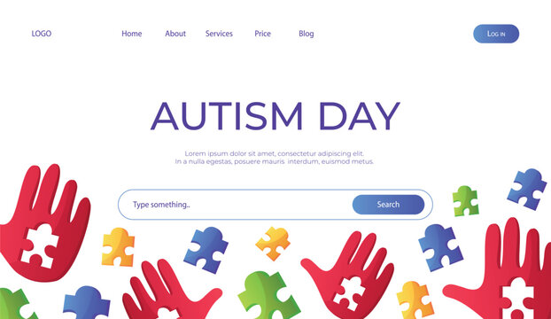 Landing page world autism awareness day with hand colorful puzzle pieces. International solidarity, asperger’s day. Health care, mental illness. Social media post for poster, banner, cover, card