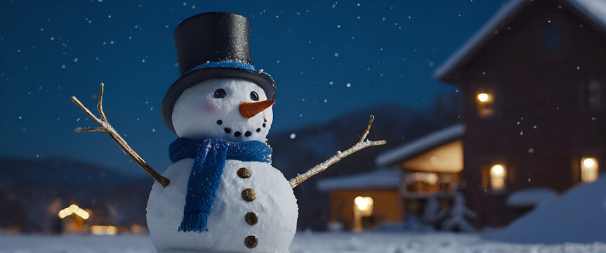 Snowman wearing blue hat and scarf closeup winter holiday Merry Christmas background empty banner With greeting card copy space and bokeh golden yellow background