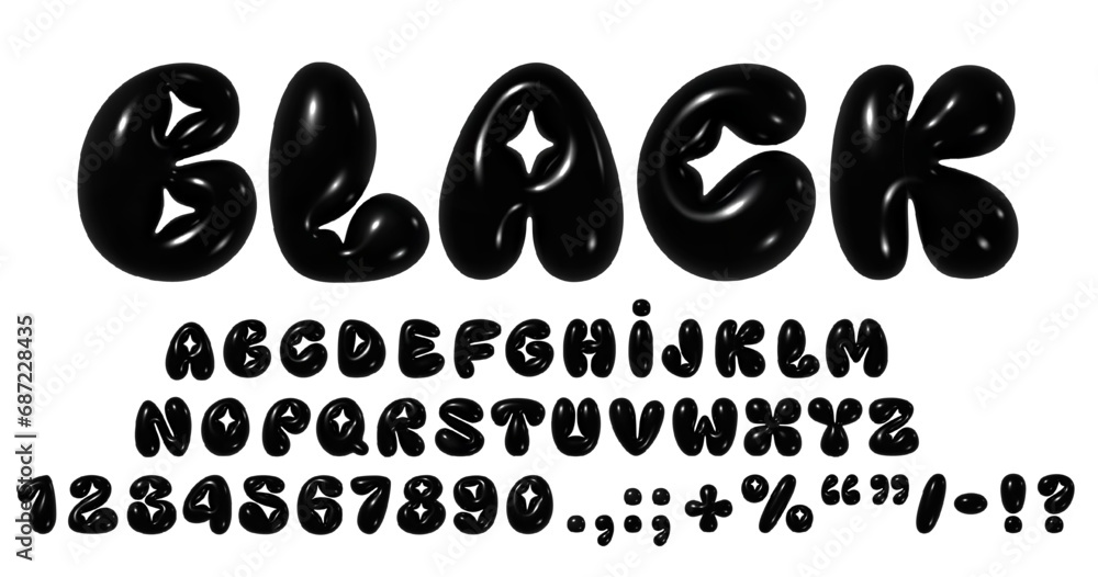 Poster 3d y2k glossy bubble font with black shiny inflated balloon numbers and english alphabet letters. re