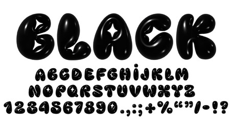 3D Y2K glossy bubble font with black shiny inflated balloon numbers and English alphabet letters. Realistic vector illustration, trendy typography - obrazy, fototapety, plakaty