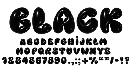 Foto op Plexiglas 3D Y2K glossy bubble font with black shiny inflated balloon numbers and English alphabet letters. Realistic vector illustration, trendy typography © Derter
