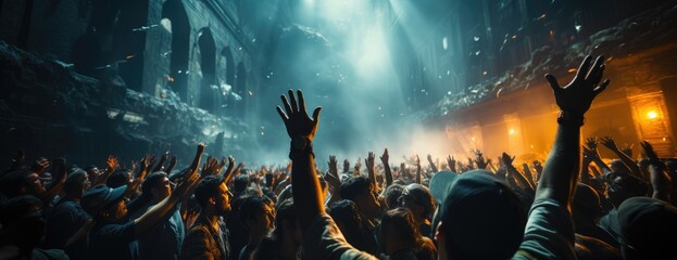 A pulsating sea of eager faces and vibrating bodies, united in a symphony of sound and movement at a lively concert event - obrazy, fototapety, plakaty