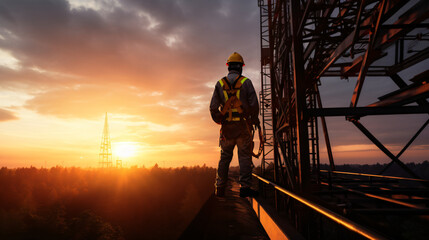 Engineer with safety helm and vest standing and looking at the sunset from construction site