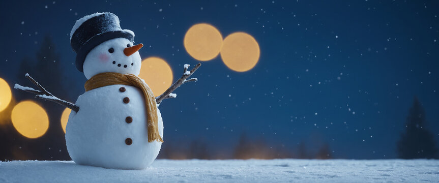 Snowman wearing blue hat and scarf closeup winter holiday Merry Christmas background empty banner With greeting card copy space and bokeh golden yellow background