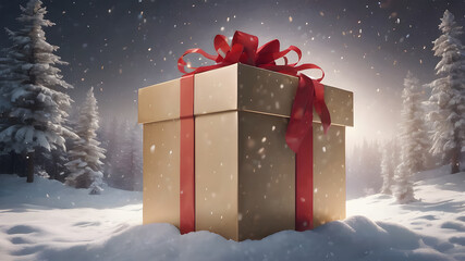 Large Christmas gift box in a snowy winter scene