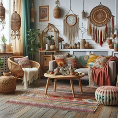 Artistic Colorful Rainbow Trendy Retro Style Boho Interior design.Modern Creative Cozy Vibrant Accents Furnishing Home Decor.Contemporary Eclectic Ethnic Textile Pattern Hippie Decoration Living room.