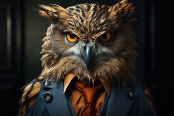 A wise owl's piercing gaze reflected in the sharp eyes of a suited man, their faces mirroring each other in silent understanding
