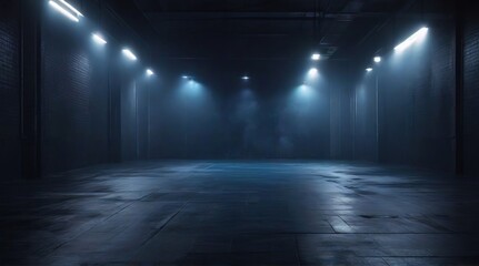 A dark empty street, dark  background, an empty dark scene, neon light, spotlights The asphalt floor and studio room with smoke float up the interior texture. night view Generative AI