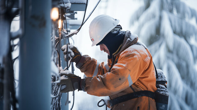 Engineer with safety uniform inspect the electrical system at electricity substation during winter