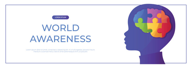 Promo banner world autism awareness day with child head with puzzle pieces. International solidarity, asperger&rsquo;s day. Health care, mental illness. Social media post for poster, advertising, cover