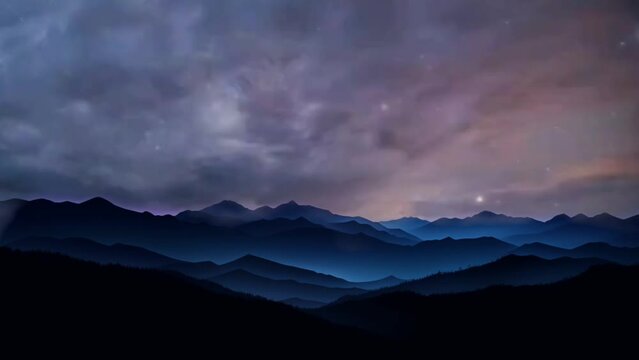 Mountains with Stars moving in the night sky, mountains silhouette and shooting stars animation. seamless looping virtual time lapse video animation background. Generated with AI
