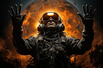 A daring hero gears up for an adrenaline-fueled adventure in this action-packed film, sporting goggles and headphones to take on the ultimate challenge