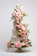 White wedding cake decorated with flowers.