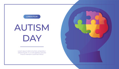 Promo banner world autism awareness day with child head with puzzle pieces. International solidarity, asperger’s day. Health care, mental illness. Social media post for poster, advertising, cover - obrazy, fototapety, plakaty
