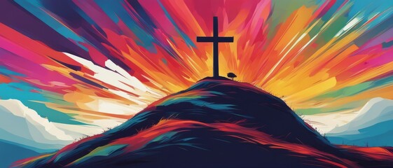 Cross on Top of a Mountain in a colorful sky. - obrazy, fototapety, plakaty