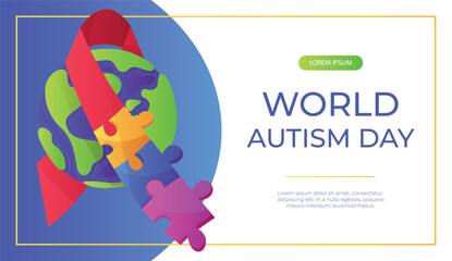 Promo banner world autism awareness day with planet ribbon puzzle pieces. International solidarity, asperger’s day. Health care, mental illness. Social media post for poster, advertising, cover