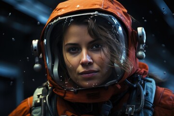 A solitary astronaut donning an orange pressure suit and helmet, ready to brave the unknown depths of space, her human face a mask of determination and courage