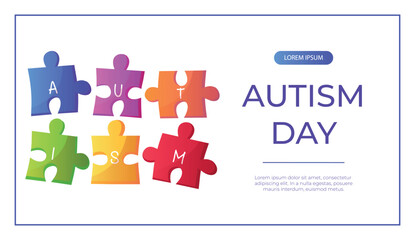 Promo banner world autism awareness day with jigsaw puzzle pieces with text. International solidarity, asperger’s day. Health care, mental illness. Social media post for poster, advertising, cover