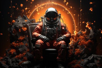 Fototapeta premium A determined astronaut donning a helmet, poised like a firefighter, ready for an epic action film in the depths of space