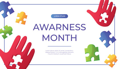 Promo banner world autism awareness day with hand colorful puzzle pieces. International solidarity, asperger’s day. Health care, mental illness. Social media post for poster, advertising, cover