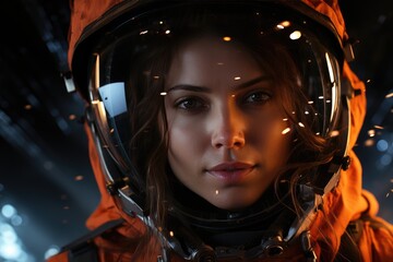 A solitary astronaut gazes back at earth, her orange pressure suit serving as both a protective garment and a symbol of human ingenuity and courage