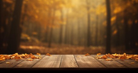 Naklejka na ściany i meble Wooden table in the fall forest with some leaves in the background