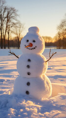 Obraz premium A smiling snowman in a winter park at sunset, the golden light casting a warm glow. First signs of spring