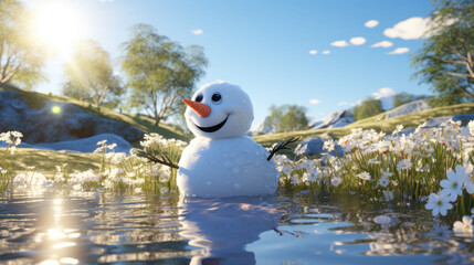 Smiling snowman amidst a field of daisies under a clear blue sky, a unique blend of seasons. Spring seasonal change