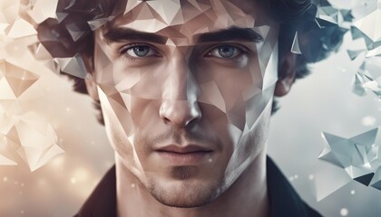Realistic 3d man head polygonal skin. Abstract lines, triangles and particle style design