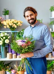 Proffesional florist man posing smiling and proud in her own flower shop surrounded by beautiful bouquets of flowers. Small business. Entrepreneurial people. Generative AI