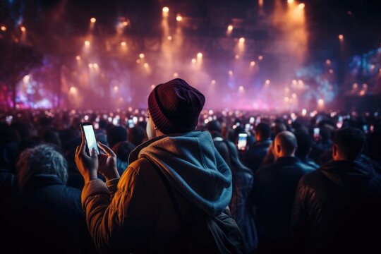 A stylish individual captures the attention of a lively crowd with their phone at an outdoor concert, adding a touch of flare to the event's clothing and captivating the audience