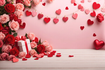 Valentine's Day background with hearts, flowers, and warm hues. The right side is free for personalized messages. A perfect blend of romance and celebration