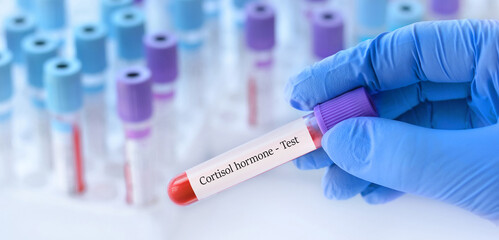 Doctor holding a test blood sample tube with cortisol hormone test on the background of medical test tubes with analyzes. - obrazy, fototapety, plakaty