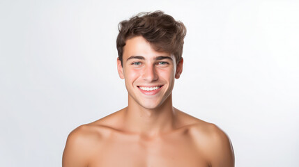 Fototapeta premium handsome young man on a white background, portrait of a stylish guy, beauty shooting, studio, model, health, cosmetology, spa, skin care, hairstyle, boy, emotional face, smile, isolate, place for text