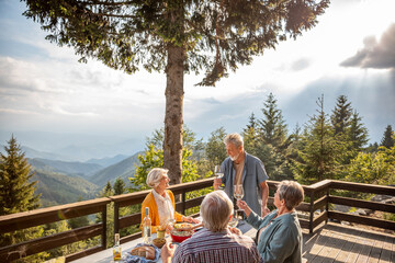 Group of seniors enjoying dinner with wine on mountain cabin deck