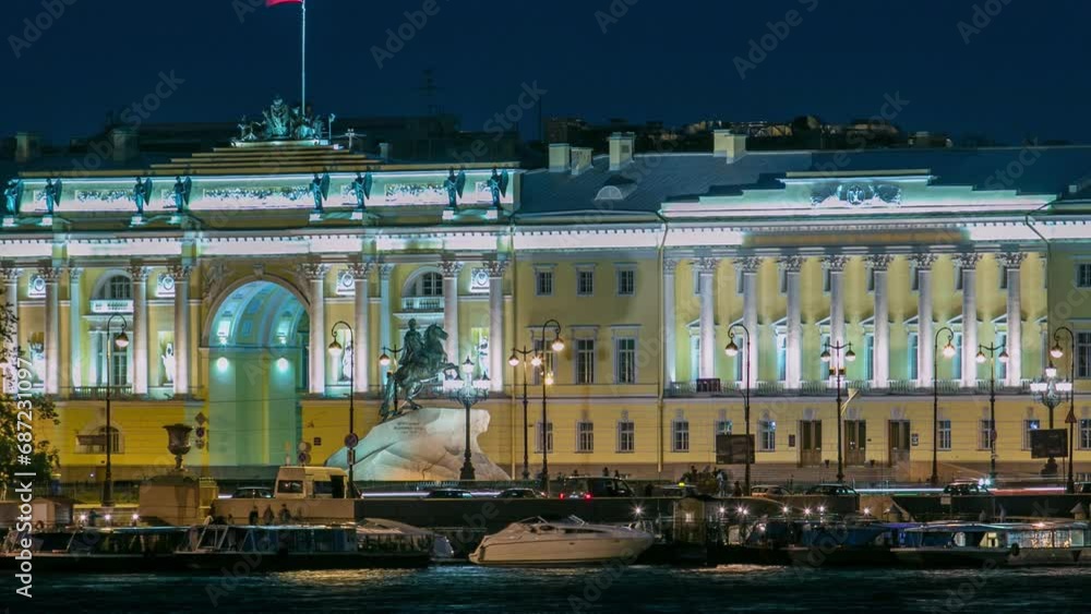 Wall mural timelapse of the illuminated russian constitutional court building with monument to peter i, boris y