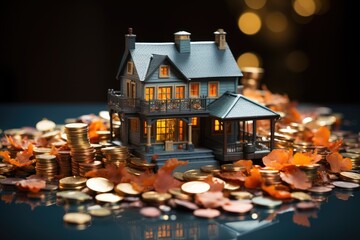 A miniature lego house perched atop a towering stack of coins, a whimsical jigsaw puzzle of a building in a sea of riches - obrazy, fototapety, plakaty